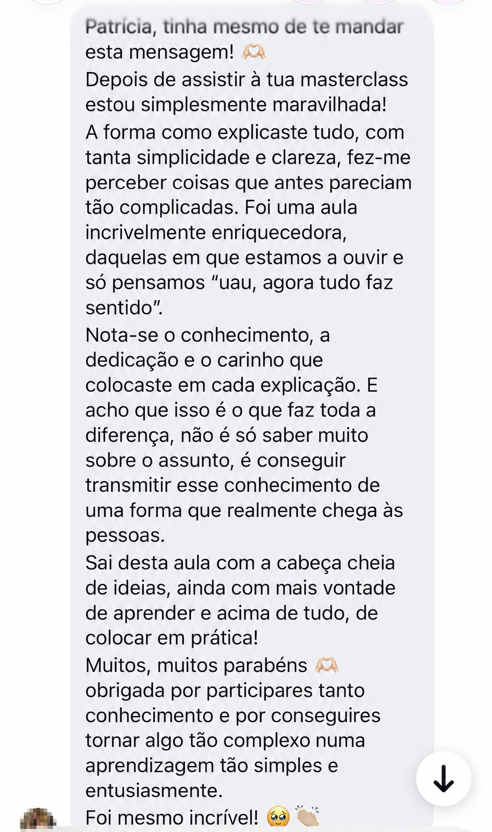 Mensagem recebida sobre a clareza das explicações numa masterclass
