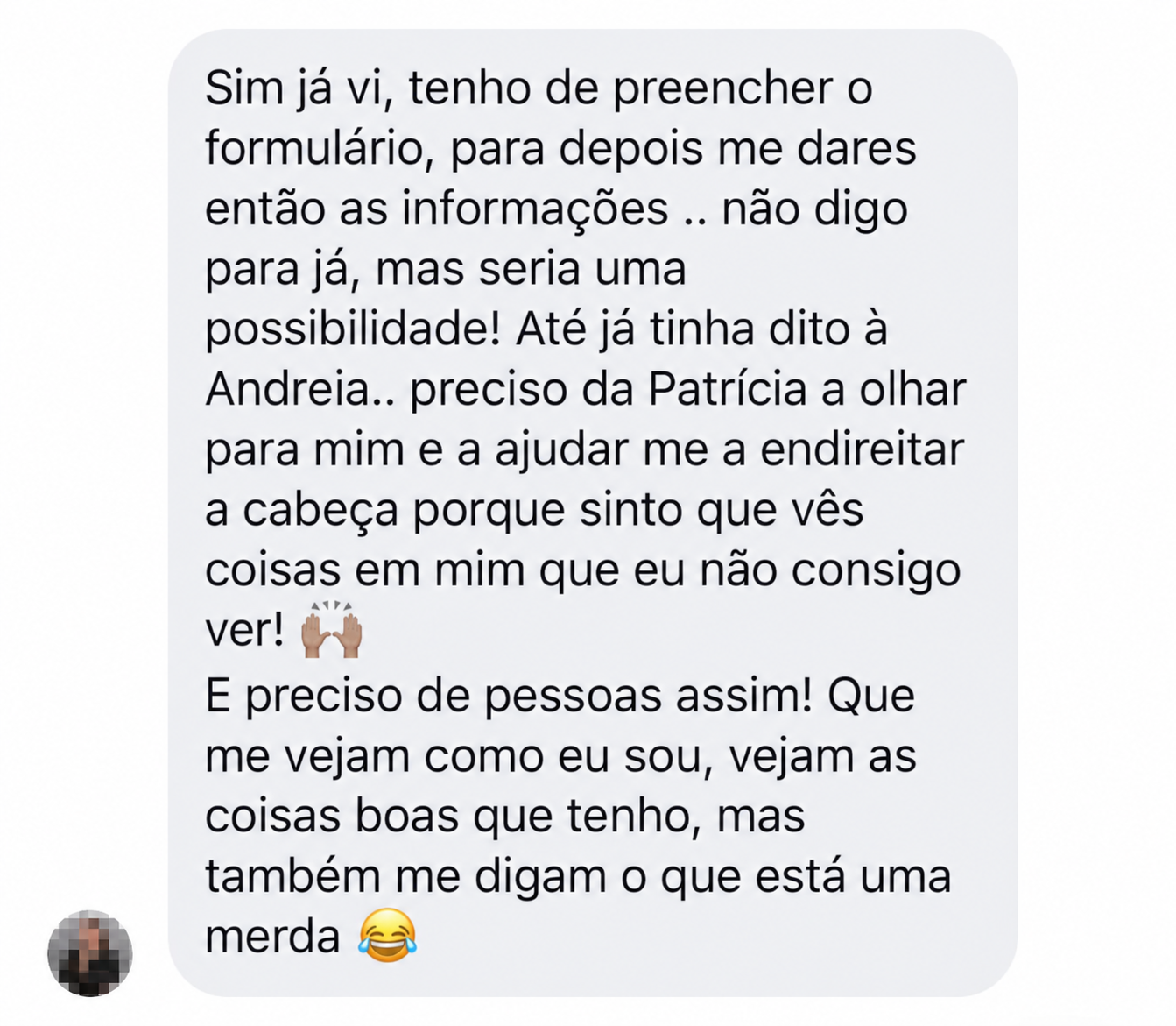 Mensagem recebida sobre a orientação e análise da Patrícia