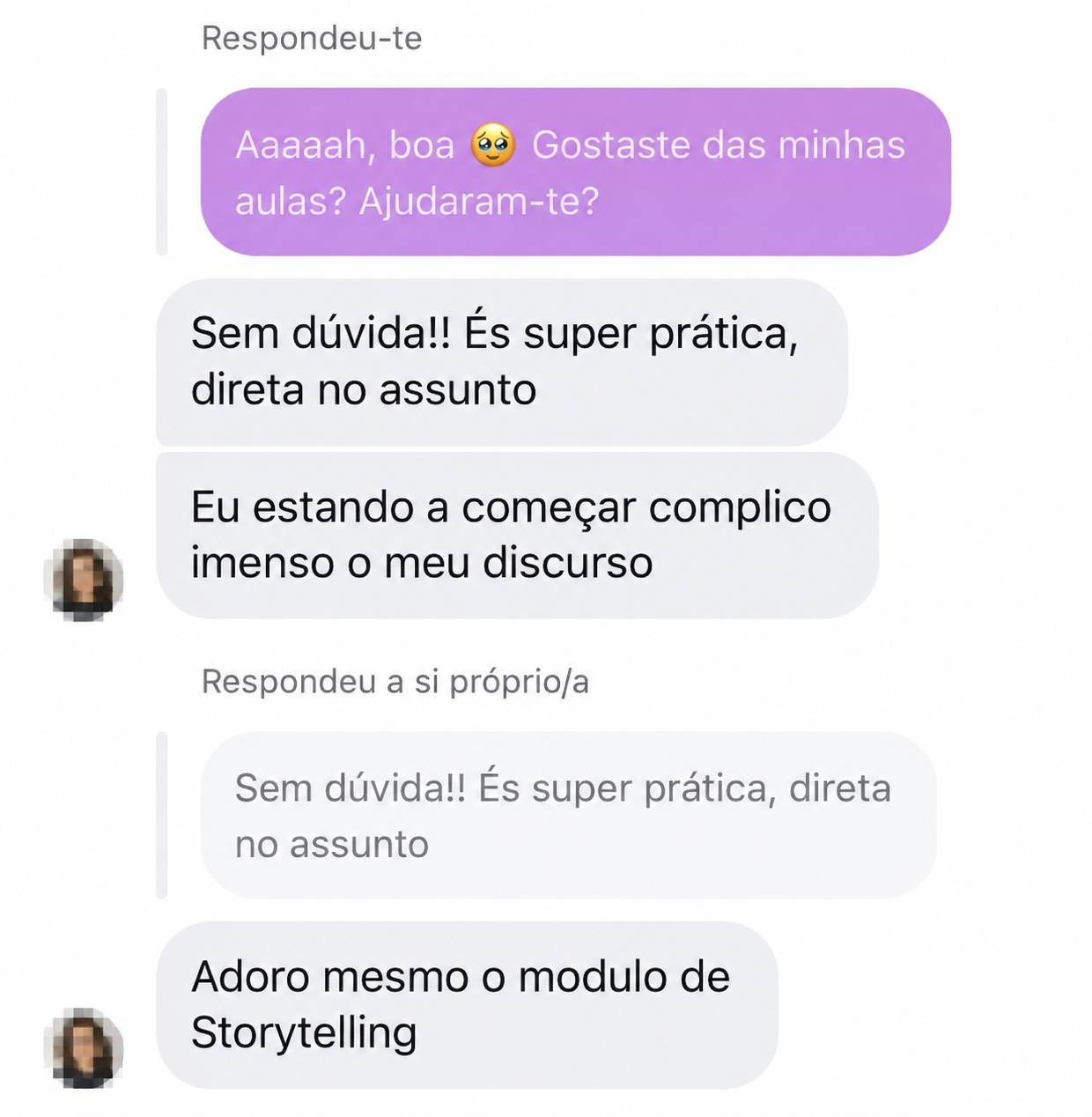 Mensagem recebida sobre as aulas práticas e diretas ao assunto