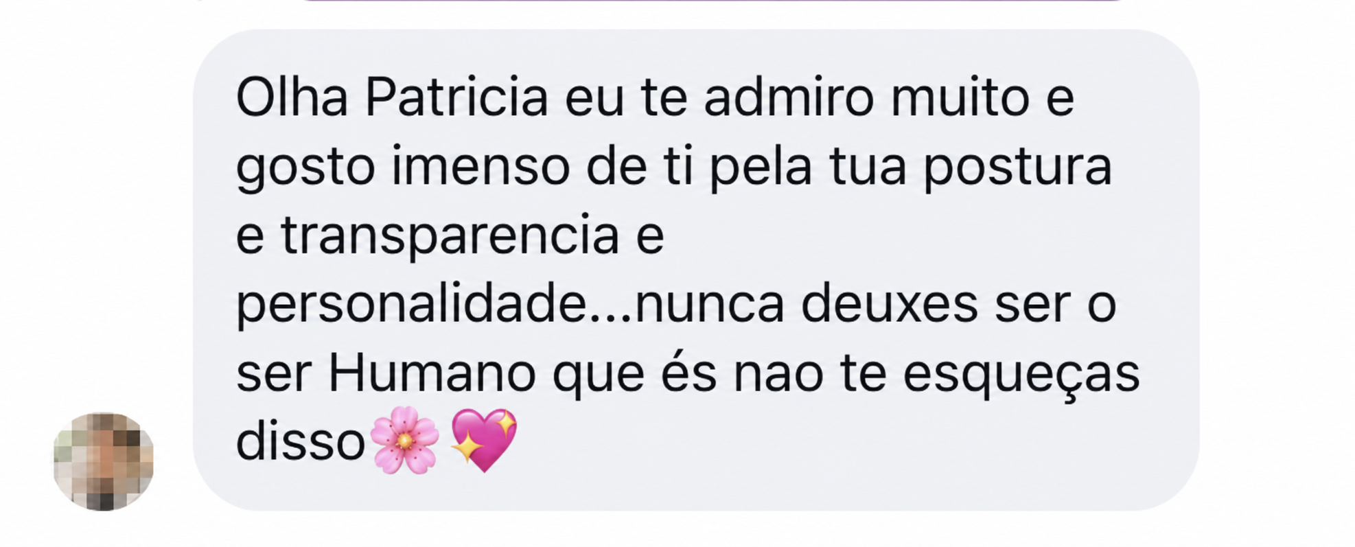 Mensagem recebida sobre a transparência da Patrícia